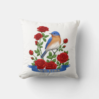 New York State Bird & Flower - Bluebird & Red Rose Throw Pillow
