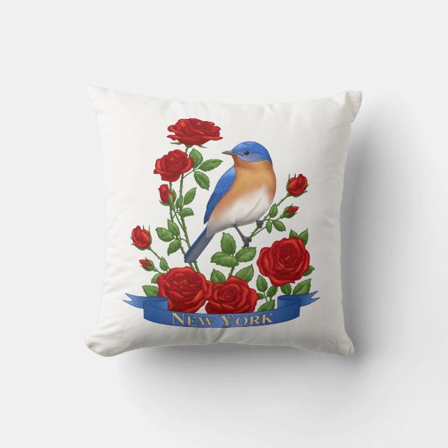 New York State Bird & Flower - Bluebird & Red Rose Throw Pillow (Front)