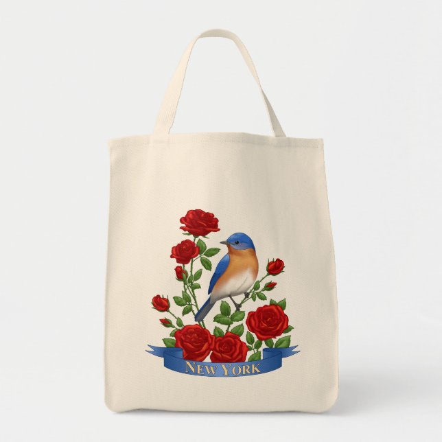 New York State Bird & Flower - Bluebird & Red Rose Tote Bag (Front)