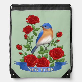New York State Bluebird & Red Rose Flower Drawstring Bag