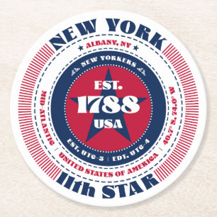 New York State Facts Red White Blue Typography Round Paper Coaster