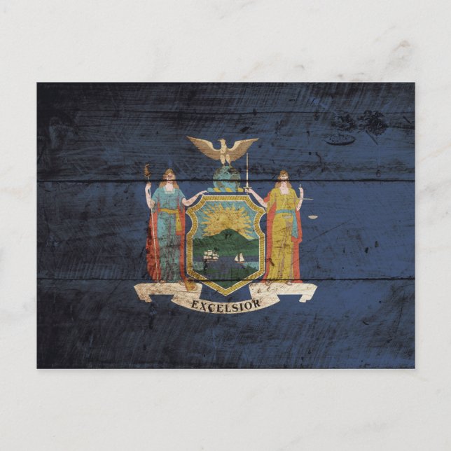 New York State Flag on Old Wood Grain Postcard (Front)