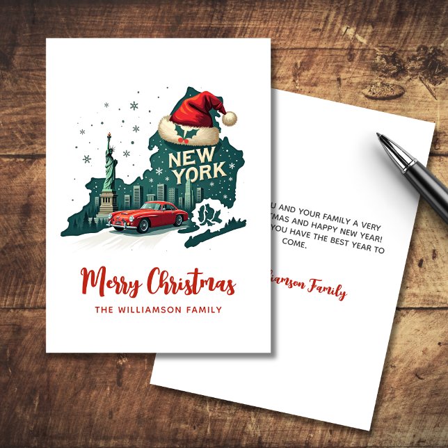 New York State Merry Christmas Retro Personalized  Card (Personalize with your text and Family Names, other items available in collection)