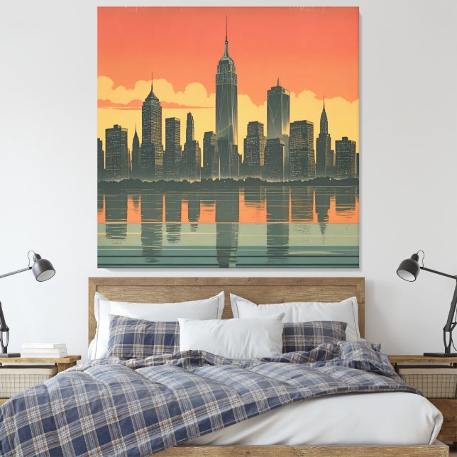New York State of Mind – Retro Skyline Canvas  Print (Insitu(Bedroom))