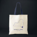 New York State Wedding Welcome Bag Map Tote, Navy<br><div class="desc">Wedding welcome gift bag featuring map graphic. Your guests will love checking into their hotel and finding this tote filled with treats awaiting them. You may position the heart to the location of your big day using the "customize further" feature.</div>