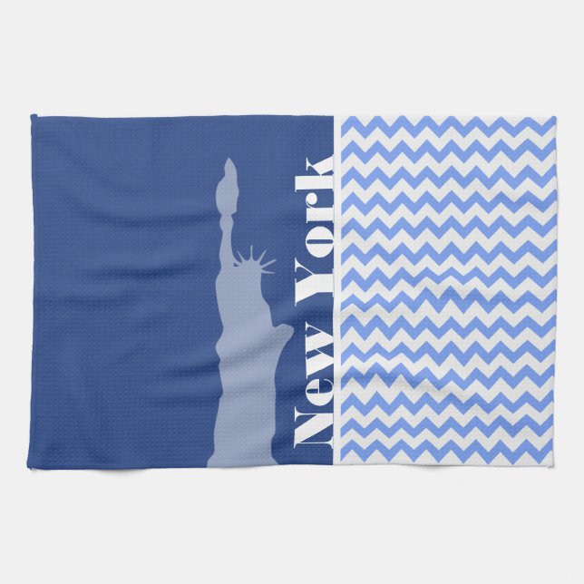New York, Statue of Liberty; Blue Chevron Kitchen Towel (Horizontal)