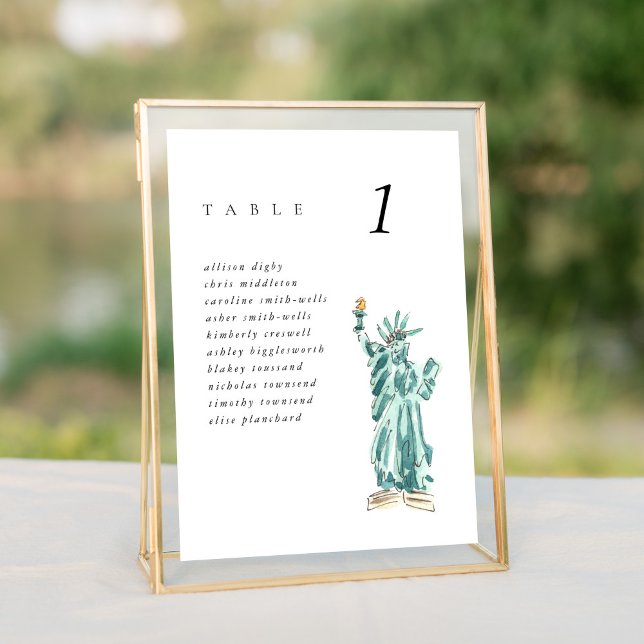 New York Statue of Liberty Wedding Seating Chart (Watercolor Statue of Liberty chic New York City skyline wedding table number cards.)