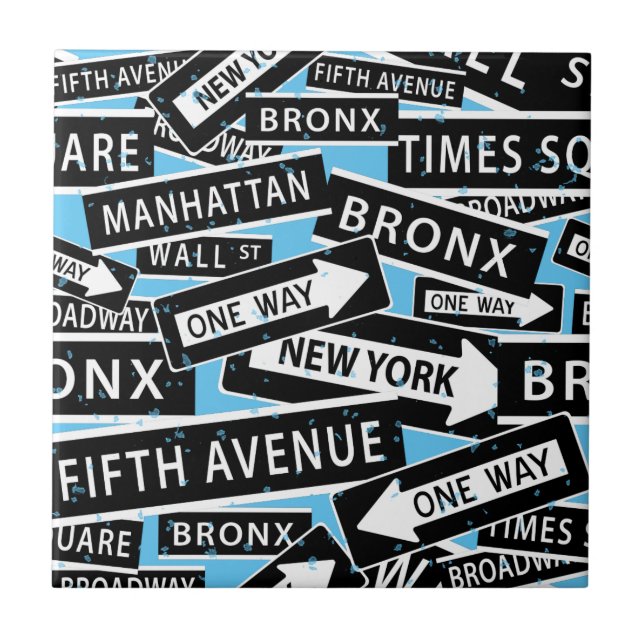 New York Street Signs Black White Blue Ceramic Tile (Front)
