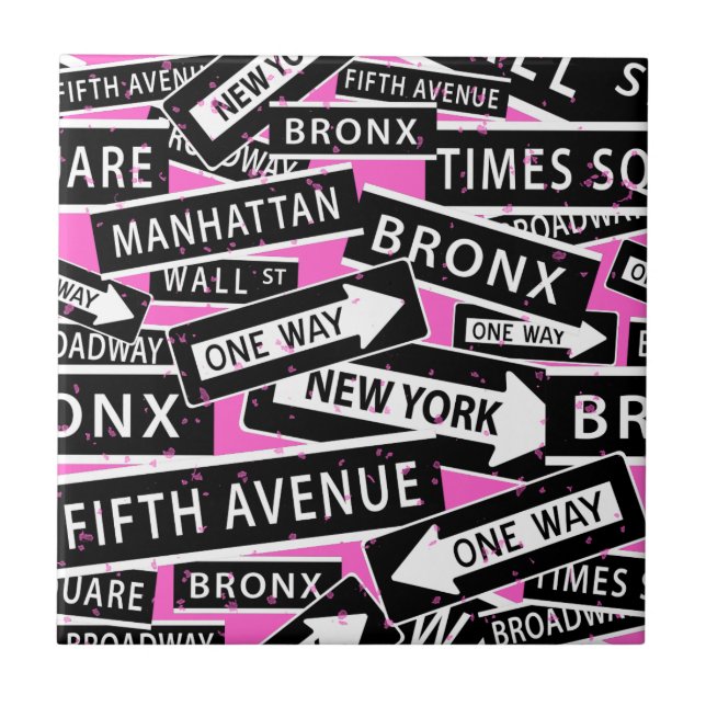 New York Street Signs Black White Pink Ceramic Tile (Front)