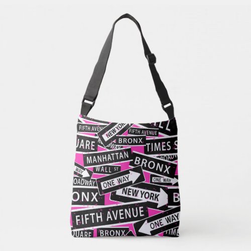 New York Street Signs Black White Pink Pattern Crossbody Bag