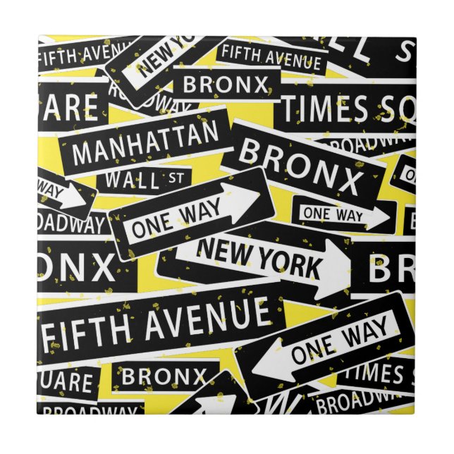 New York Street Signs Black White Yellow Ceramic Tile (Front)