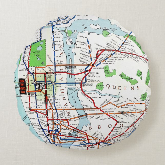 New York: Subway Map, 1940 Round Pillow (Front)