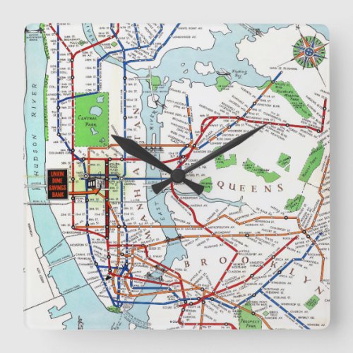 New York Subway Map 1940 Square Wall Clock
