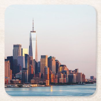 New York Sunset Skyline View Of World Trade Center Square Paper Coaster by iconicnewyork at Zazzle