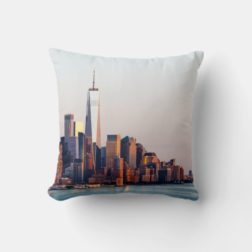 New York Sunset Skyline View of World Trade Center Throw Pillow