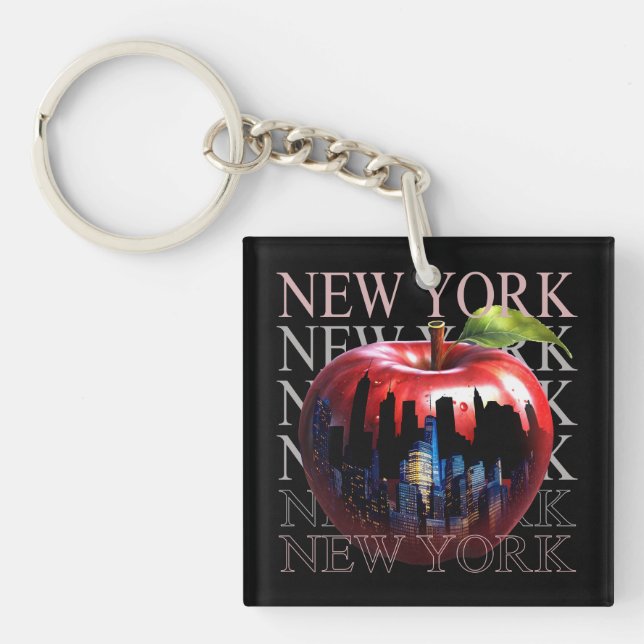 New York The Big Apple Fruit Silhouette City Keychain (Front)