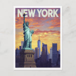 New York Travel Poster: Statue of Liberty Sunset Postcard