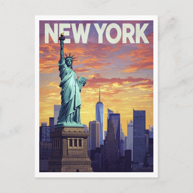 New York Travel Poster: Statue of Liberty Sunset Postcard (Front)