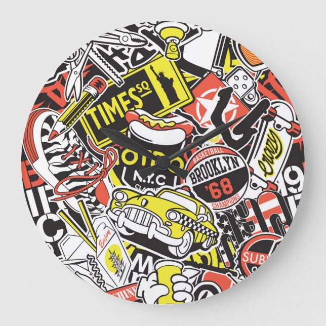 New York urban: sticker patchwork. Large Clock (Front)