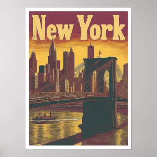New York USA Art Vintage Travel Illustration Poster