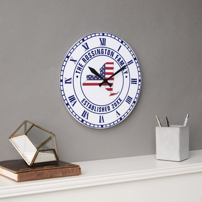 New York USA Stars Stripes Map Family Name Dt Estd Large Clock (Office)