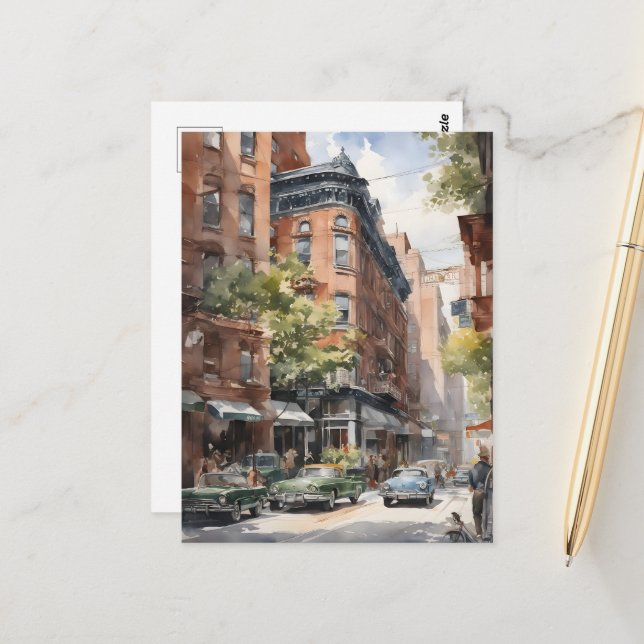 New York watercolor art Postcard (Front/Back In Situ)