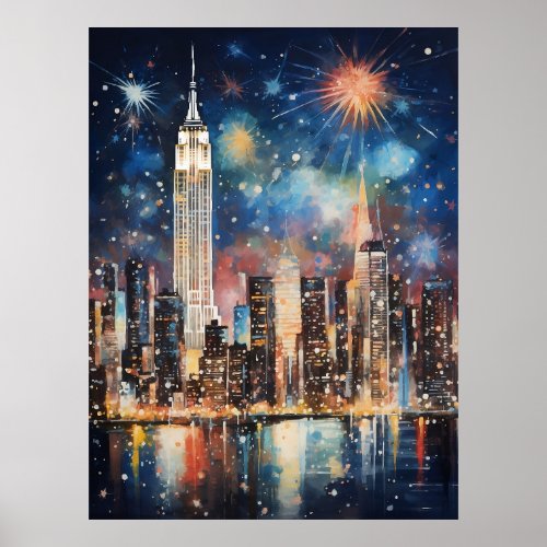 New York Watercolor Painting City Night Poster