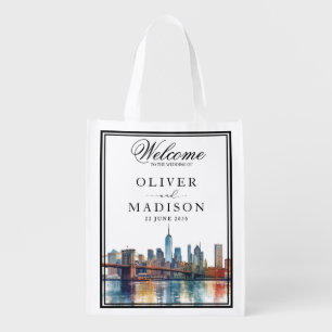 New York Watercolor Skyline Wedding Welcome Grocery Bag