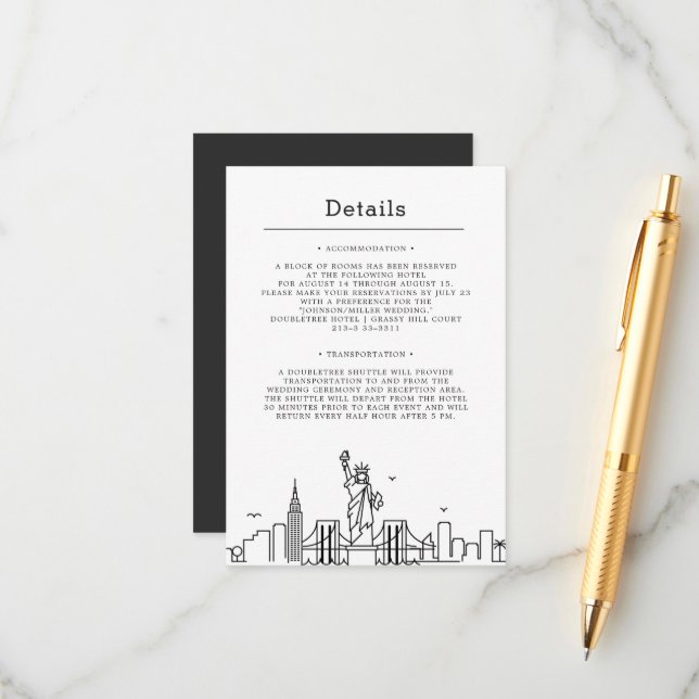 New York Wedding | Guest Details Information Enclosure Card (Front/Back In Situ)