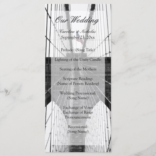 New York Wedding NYC Brooklyn Bridge Program (Front)