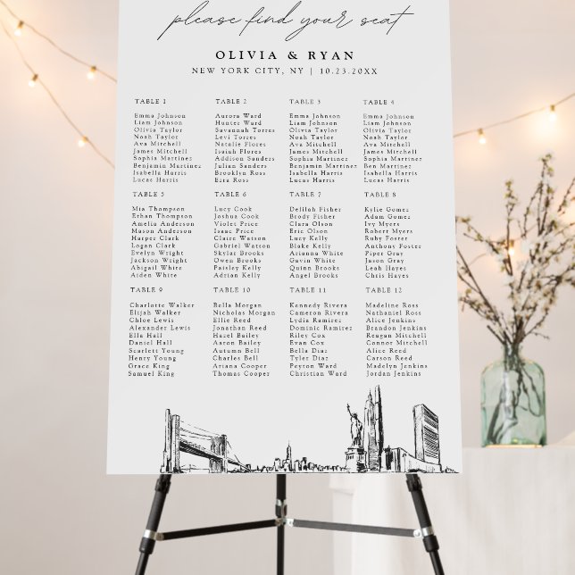 New York Wedding Seating Chart 12 Tables 24x36 Foam Board (In Situ (Stand))