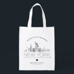 New York Wedding | Stylized Skyline Grocery Bag<br><div class="desc">A unique wedding bag for a wedding taking place in the beautiful city/STATE New York.  This bag features a stylized illustration of the city's unique skyline with its name underneath.  This is followed by your wedding day information in a matching open lined style.</div>