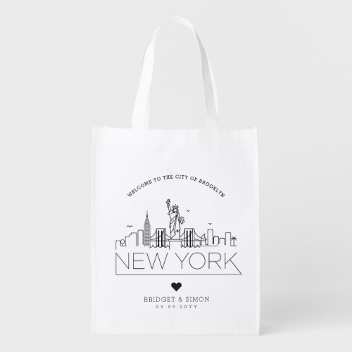 New York Wedding  Stylized Skyline Grocery Bag