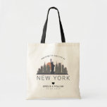 New York Wedding | Stylized Skyline Tote Bag<br><div class="desc">A unique wedding tote bag for a wedding taking place in the city of New York. This tote features a stylized illustration of the city's unique skyline with its name underneath. This is followed by your wedding day information in a matching open lined style.</div>