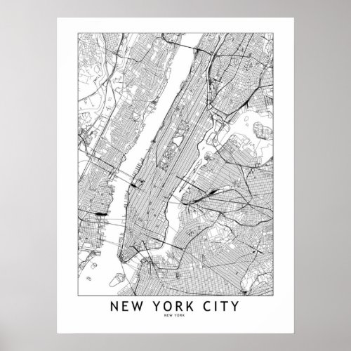 New York White Map Poster