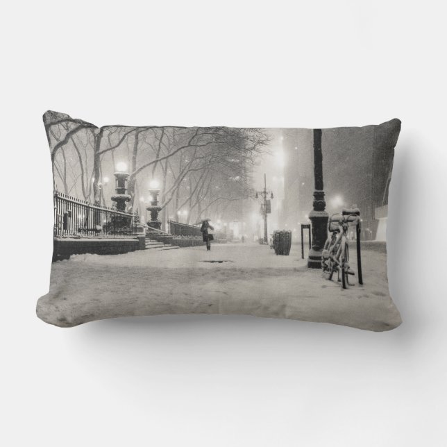New York Winter - Snowy Night - Bryant Park Lumbar Pillow (Front)
