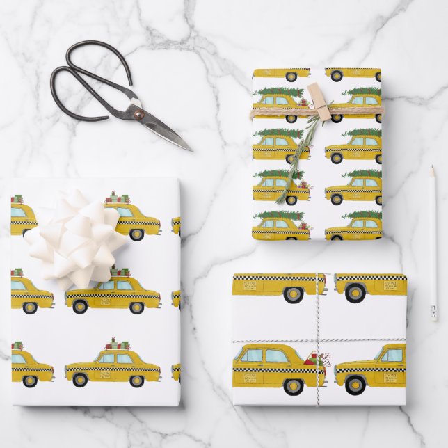 New York Yellow Cab Taxi Christmas Gifts Wrapping Paper Sheets (Front)