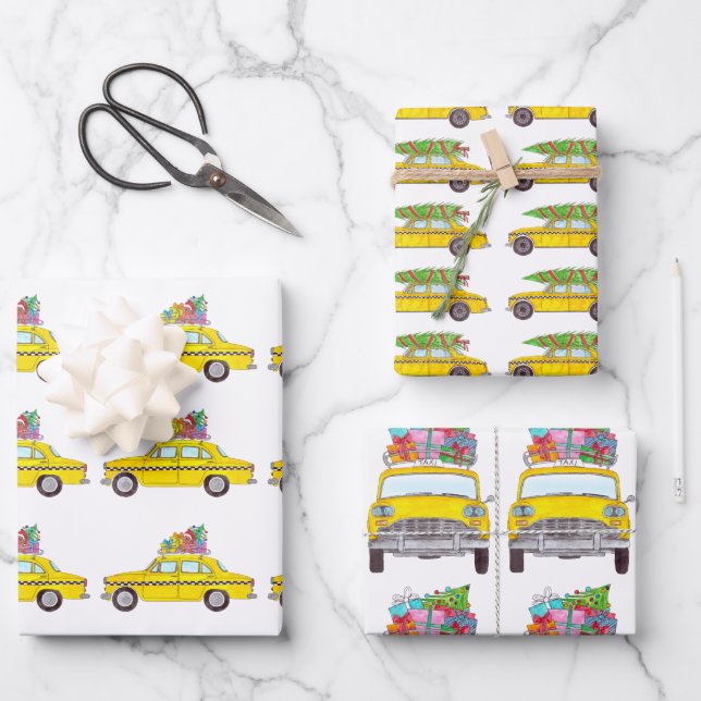 New York Yellow Cab Taxi Christmas Gifts Wrapping Paper Sheets (Front)