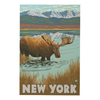 New YorkMoose Drinking in Lake Wood Wall Art