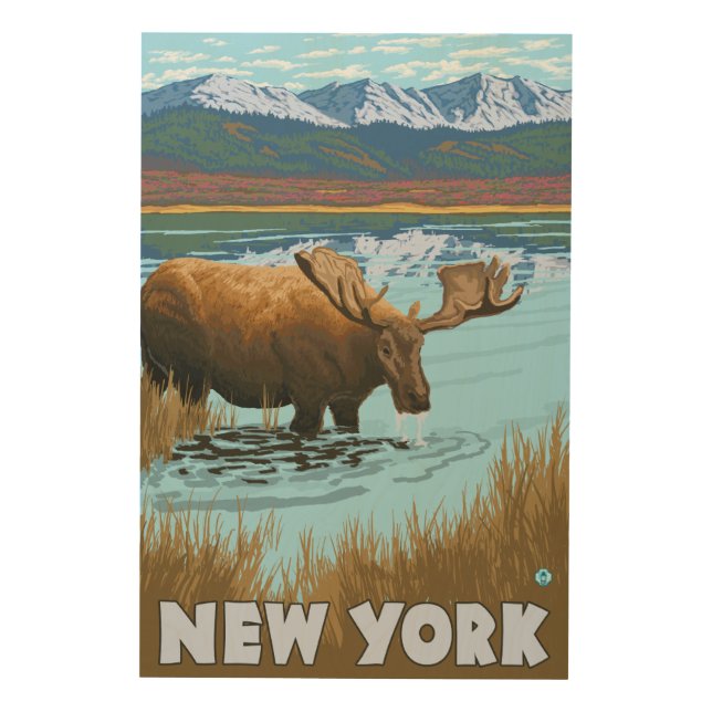 New YorkMoose Drinking in Lake Wood Wall Art (Front)
