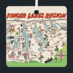 New York's Finger Lakes Metal Ornament<br><div class="desc">It's a terrific vintage illustrated postcard map of the Finger Lakes,  NY repurposed on a fun ornament.  The front image is fixed but you can reposition the back image and / or personalize it.</div>