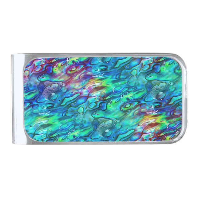 New Zealand Abalone Paua Shell Pattern 1 Silver Finish Money Clip (Front)