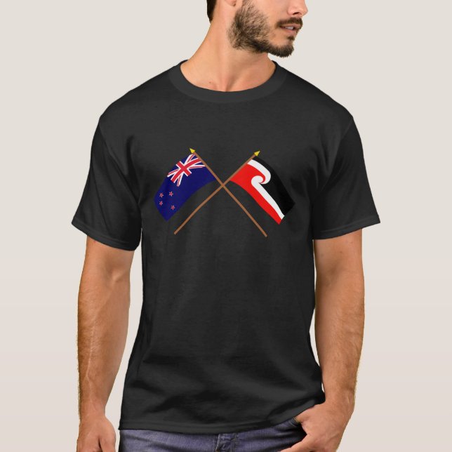 New Zealand and Maori People Crossed Flags T-Shirt (Front)