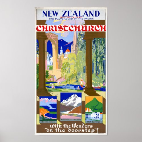 New Zealand Christchurch Vintage Poster Restored