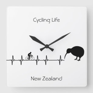 New Zealand Cycling Heartbeat Kiwi Bike Gift Square Wall Clock