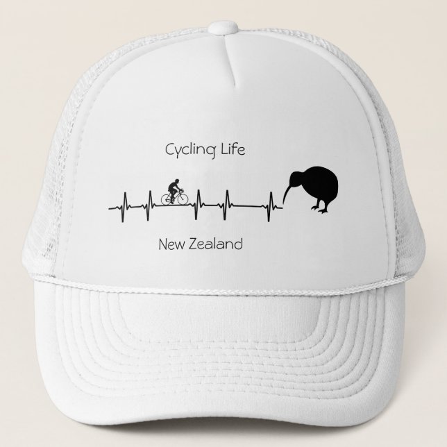 New Zealand Cycling Heartbeat Kiwi Bike Gift Trucker Hat (Front)