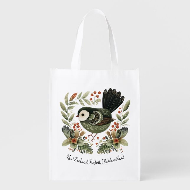New Zealand Fantail Folk Art Grocery Bag (Front)