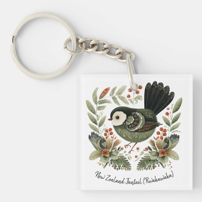 New Zealand Fantail Folk Art Keychain (Front)