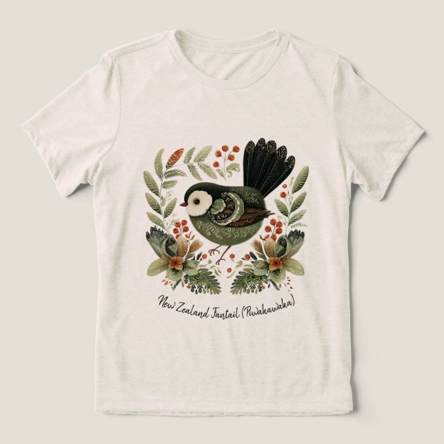 New Zealand Fantail Folk Art Tri-Blend Shirt (Design Front)