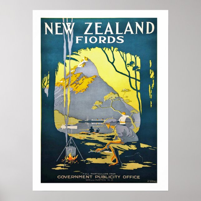 New Zealand fiords, vintage travel poster (Front)